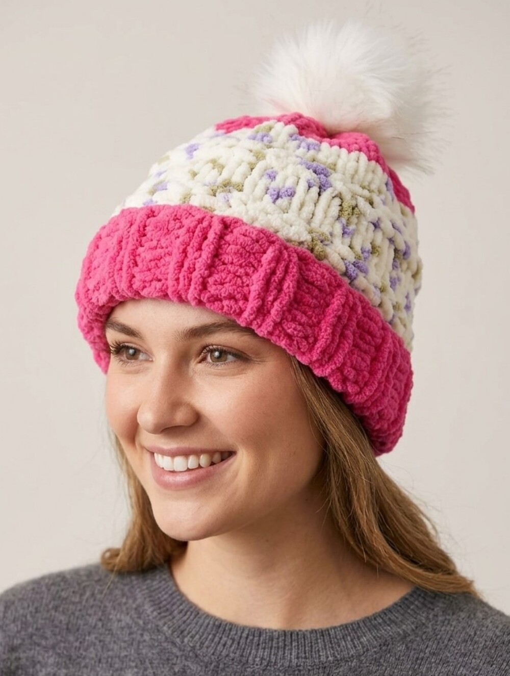Hand Knit Chunky Beanie Hat With Faux Fur Pom Pom